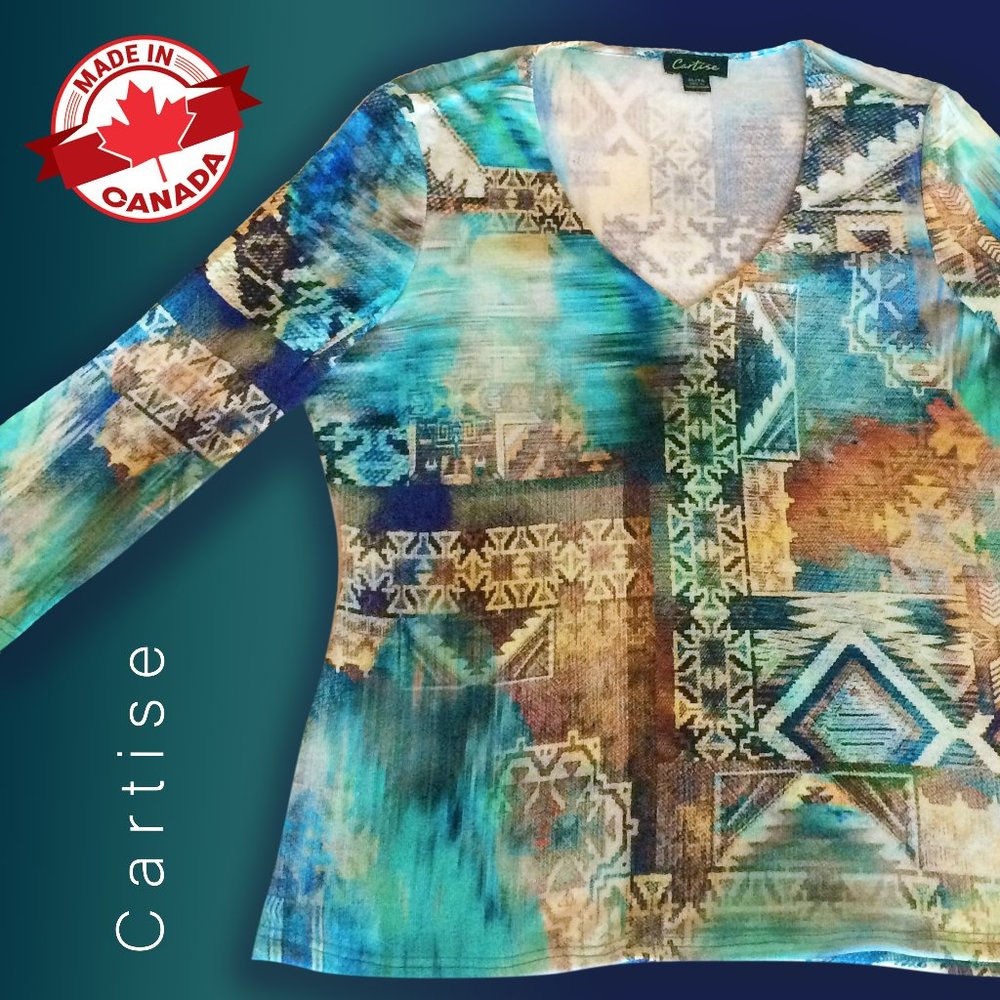 Cartise unique Made in Canada colourful teal long sleeve lined front, top XL